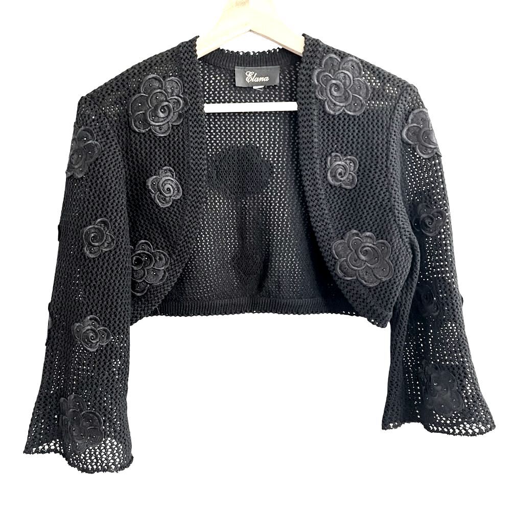 Y2K Whimsigoth Fairy Grunge Black Crochet Bolero Shrug Size M Floral Evening